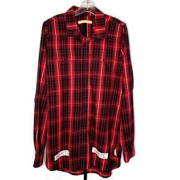 Off-White Red Black Plaid Check Flannel Buttoned Down Extra Long Shirt Size S - Picture 3 of 15